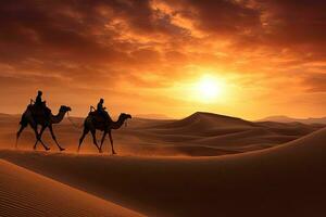 Camel caravan in the desert at sunset. 3d illustration, Camel caravan on sand dunes on Arabian desert with Dubai skyline at sunset, AI Generated photo