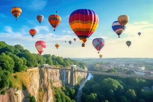 vistoso caliente aire globos volador terminado el ciudad, panorámico vista, Clifton suspensión puente con caliente aire globos en el Bristol globo fiesta en agosto, ai generado foto