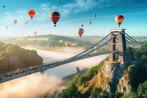 vistoso caliente aire globos volador terminado el puente en un hermosa verano paisaje, Clifton suspensión puente con caliente aire globos en el Bristol globo fiesta en agosto, ai generado foto