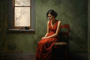 hermosa niña en un rojo vestir en el interior de el antiguo casa, capturas el profundo soledad de un mujer sentado en un esquina de un sin adornos habitación, ai generado foto