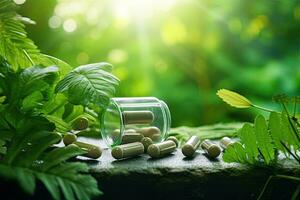 Herbal medicine, herbal supplements in a jar with green leaves background, Capsules herb supplements on green leaves background, AI Generated photo