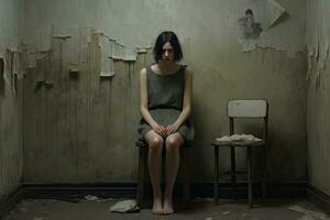 un mujer en un oscuro habitación con un pintado pared y un silla, capturas el profundo soledad de un mujer sentado en un esquina de un sin adornos habitación, ai generado foto