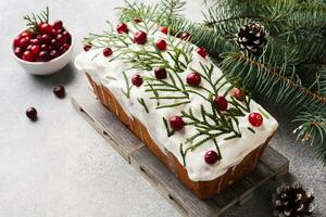 Traditional Christmas cake with cranberries on gray table background. Horizontal. Copy space. photo