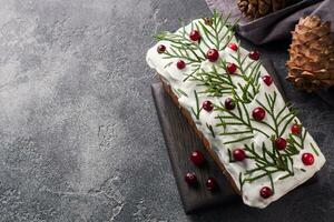 Traditional Christmas cake with cranberries on gray table background. Horizontal. Copy space. photo