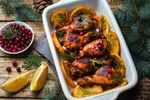 Baked chicken drumstick with oranges and cranberries in a baking sheet on a wooden background. Christmas food Table with decorations. photo