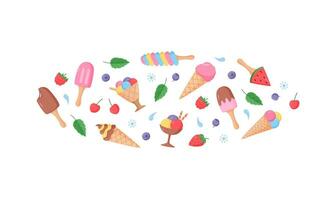 Ice cream and berries set of bright colored icons. Vector illustration of summer desserts ice cream in waffle cones, strawberry cherry raspberry mint blueberry.