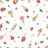 Seamless pattern Ice cream and berries set of bright colored icons. Vector illustration of summer desserts ice cream in waffle cones, strawberry cherry raspberry mint blueberry.