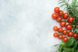 Fresh cherry tomatoes on a branch and rosemary herbs mint on a gray concrete background. Copy space. photo