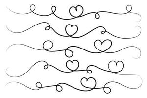 Filigree curly Calligraphic Heart, Fancy Line Flourishes Swirls hearts, curve romantic love sign, Valentines Day divider flourish Swirl, Calligraphy Flourish lettering header hearts scroll vector