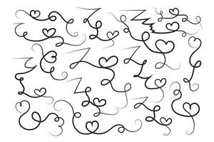 Filigree curly Calligraphic Heart, Fancy Line Flourishes Swirls hearts, curve romantic love sign, Valentines Day divider flourish Swirl, Calligraphy Flourish lettering header hearts scroll vector