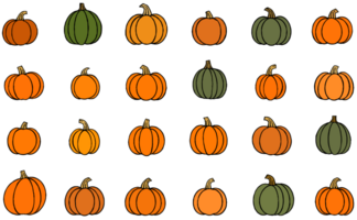 Hand drawn pumpkin seamless pattern in brush style isolated on  transparent PNG background.