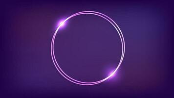 Neon double round frame with shining effects on dark background. Empty glowing techno backdrop. Vector illustration.