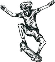 sketch of young skater doing a jump on a skateboard vector