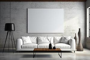 AI Generative white couch in a room with a large picture hanging on the wall photo