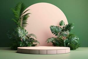 AI Generative green background with a round pink oval photo