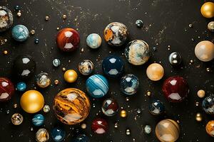 AI Generative various colored marble balls on a black background photo