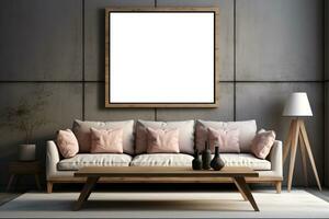 AI Generative modern living room with a sofa and a blank picture frame photo