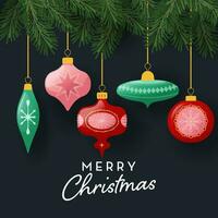 Navidad composición de abeto árbol sucursales, y Clásico Navidad vaso pelotas. vector ilustración, invitación tarjeta en retro estilo