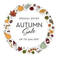 Autumn sale banner with seasonal doodle-style leaves, pumpkin, and mushroom elements. Simple Vector illustration. Circle frame with empty space