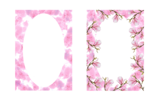 bloemen kader reeks met waterverf roze magnolia tak bloemen en knoppen. hand- geschilderd illustratie met roze waterverf vlekken. ontwerp voor bruiloft uitnodigingen en groet kaarten png