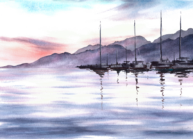 Adriatic sea watercolor landscape with sunset, silhouette of mountains, harbour, yachts, fishing boats and sea reflection. Hand drawn maritime illustration. Seascape for your banner, flyer, postcard png