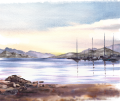 nautique aquarelle paysage. paysage marin le coucher du soleil avec Montagne silhouettes, port, voiliers, pêche bateaux, côtier sablonneux plage avec des pierres main tiré illustration pour cartes postales imprimer, affiche, fond d'écran png