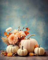 ai generative Copy space, banner, template. Floral Thanksgiving arrangement with pumpkin on blurry background photo