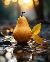 ai generative Sunny Serenity A Beautiful Yellow Pear Adorned with Water Droplets photo