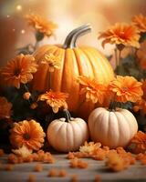 ai generative Copy space, banner, template. Floral Thanksgiving arrangement with pumpkin on blurry background photo