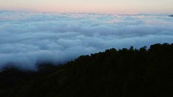 Aerial view over the mountains with sea of fog during morning sunrise in blue sky. Sea of clouds around mountain peaks at sunrise. Unseen travel in Northern Thailand video