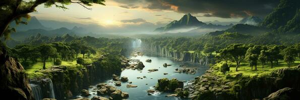 Generative AI, Beautiful green amazon forest landscape, rainforest jungle with waterfalls photo