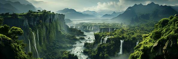 Generative AI, Beautiful green amazon forest landscape, rainforest jungle with waterfalls photo