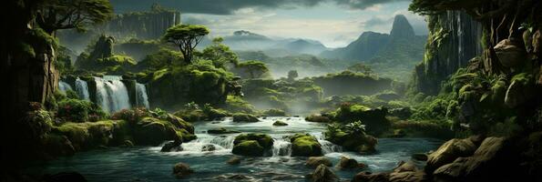 Generative AI, Beautiful green amazon forest landscape, rainforest jungle with waterfalls photo