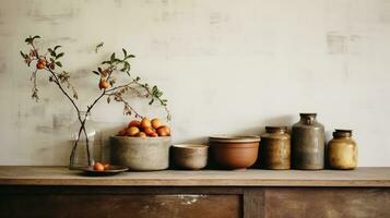 Generative AI, kitchen interior, minimalistic japanese wabi sabi style, muted natural neutral colors photo