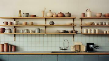 Generative AI, kitchen interior, minimalistic japanese wabi sabi style, muted natural neutral colors photo