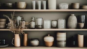 Generative AI, kitchen interior, minimalistic japanese wabi sabi style, muted natural neutral colors photo