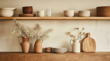 Generative AI, kitchen interior, minimalistic japanese wabi sabi style, muted natural neutral colors photo