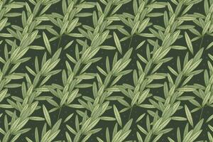 Decorative green flat branch with leaves, vector seamless natural pattern with twigs, sketch style.