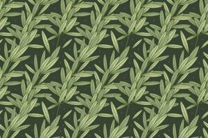 Decorative green flat branch with leaves, vector seamless natural pattern with twigs, sketch style.