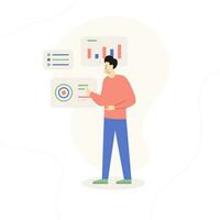 Financial technology concept with flat character using a dashboard for data analysis and investment. Vector illustration.