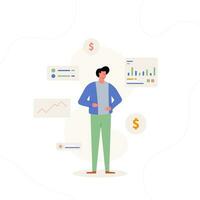Financial technology concept with flat character using a dashboard for data analysis and investment. Vector illustration.