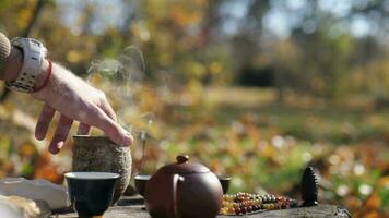 från en lera pott en man häller te in i en skål. traditionell kinesisk te ceremoni video