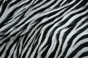 Zebra fur texture. Striped black white fluffy zebra fur. Close-up. Copy space. Long soft cozy wool. Warm blanket, rug, bedspread. Abstract Zebra skin design. Print, backdrop, textile, AI generated photo