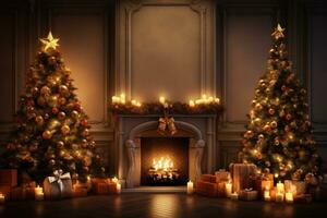 Christmas festive interior. New Year's Eve. Two decorated Christmas trees, burning candles, gifts, fireplace. With copy space. New Year holiday background. Postcard, banner, design, AI generated photo