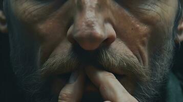 de cerca retrato de un de edad mediana hombre con un Bigote y barba. un hombre sostiene dos dedos a su boca. silbido. un hombre es pensativo y reflexivo ai generado foto