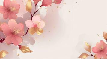Abstract watercolor floral pink with gold art background. With copy space. Pink sakura flowers with gold sparkles. Minimal design for card, text, packaging, prints, wall decoration. AI generated photo