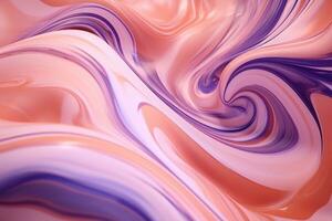 Liquid paint texture. Abstract background of colored floating liquid in violet orange pastel colors. Paint flows smoothly into each other, mixing in beautiful patterns. Close up. AI generated photo