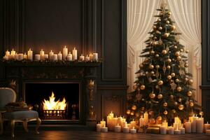 Christmas festive interior. With copy space. New Years Eve. Decorated Christmas tree, burning candles, fireplace with burning fire. New Year holiday background. Postcard, banner, design, AI generated photo