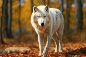 White wolf in natural habitat. shaggy wolf with white fur and burning eyes against the backdrop of blurred forest. An endangered species. Albino wolf. Conservation protection of animals. AI generated photo