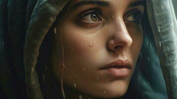 retrato de un hermosa joven mujer en un capucha en el lluvia. triste mirar. lágrimas en ojos. un solitario niña luto su desgraciado destino y roto corazón. infeliz amor ai generado foto